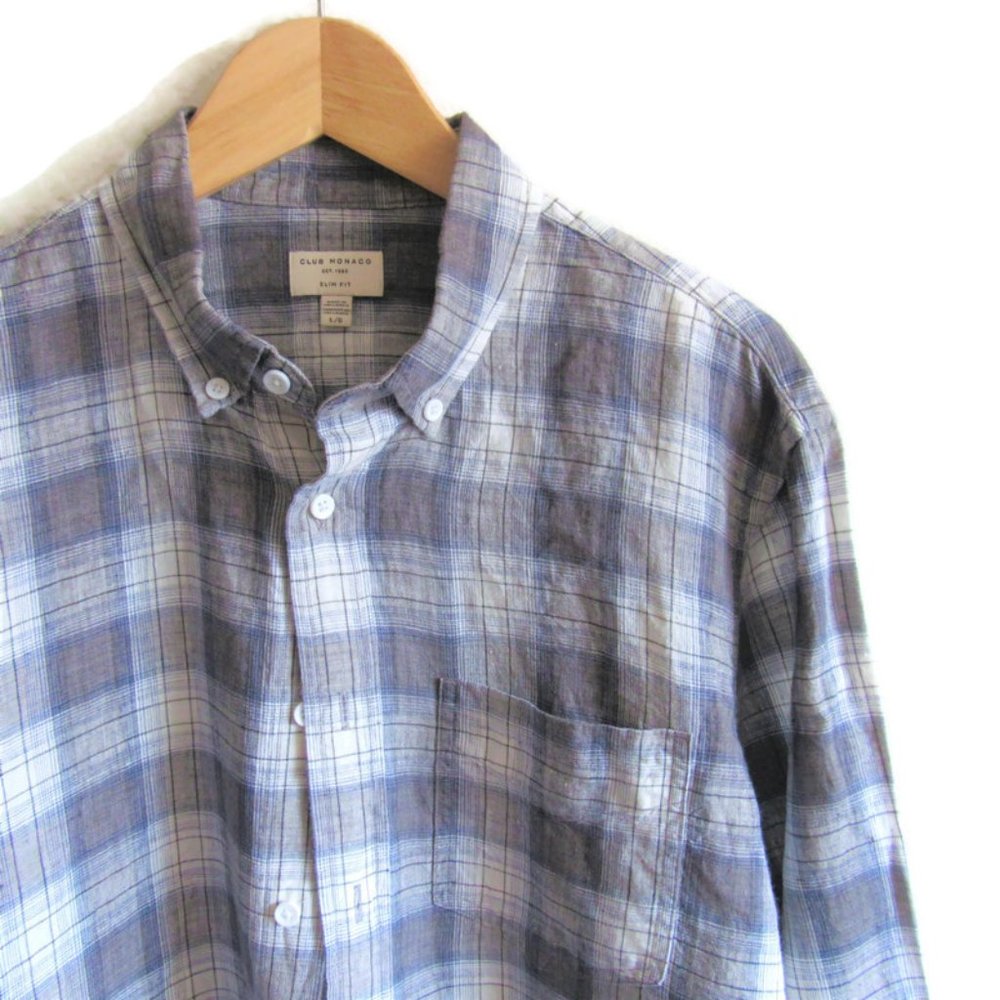 Club Monaco Linen Button Down Shirt Grey Plaid